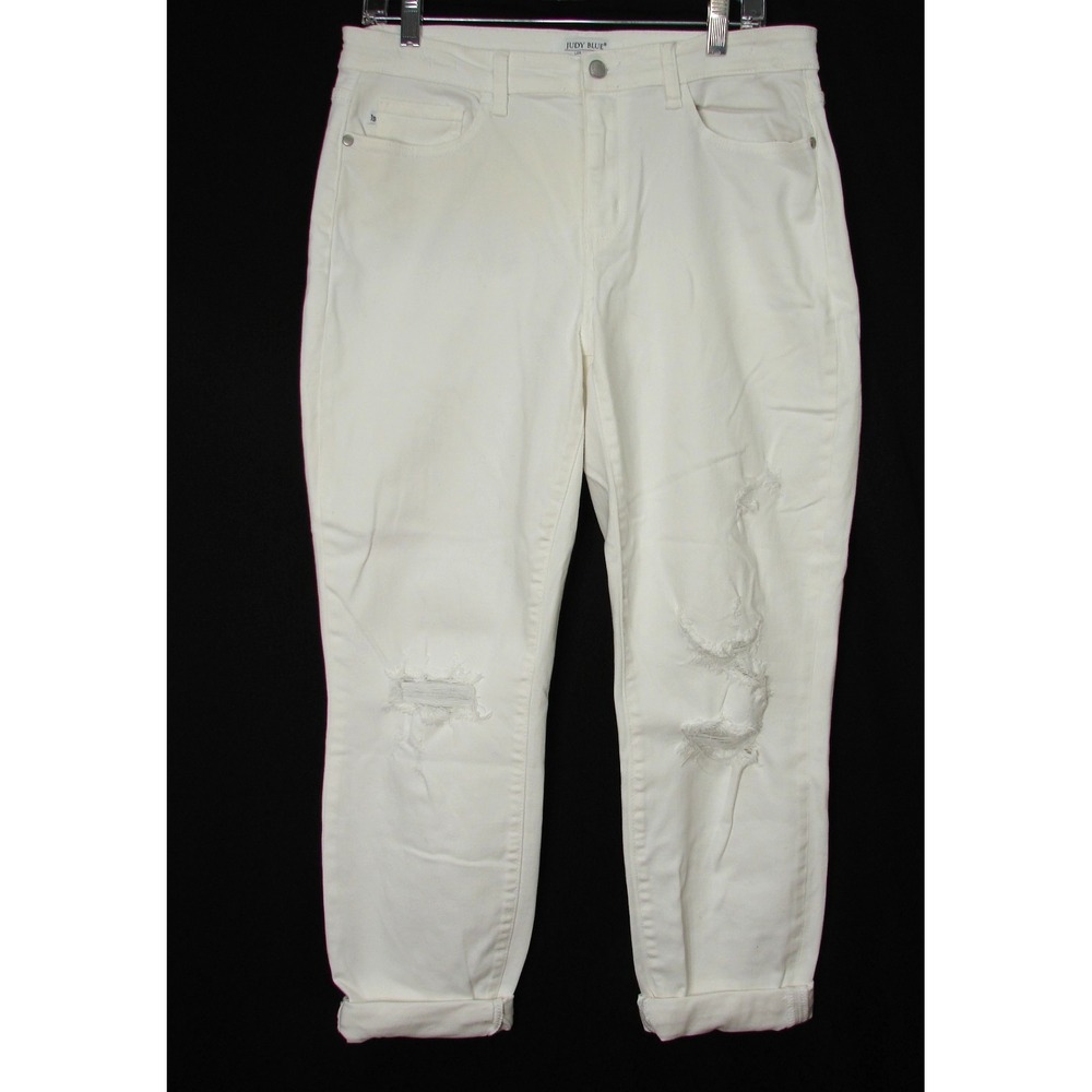 Judy Blue Boyfriend Fit White Denim Jeans Size 11/30 High Waist Stretch Distress